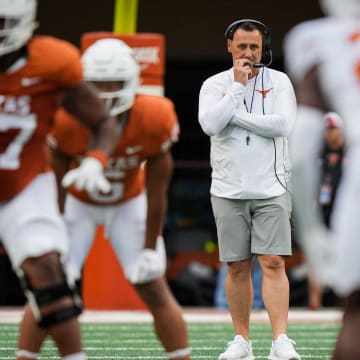 Texas Longhorns Head Coach Steve Sarkisian watches the play in the Longhorns' spring Orange and White game at Darrell K Royal Texas Memorial Stadium in Austin, Texas, April 20, 2024.