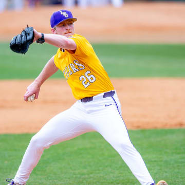 Pitcher Thatcher Hurd on the mound as The LSU Tigers take on Texas A & M. Sunday, May 5, 2024.