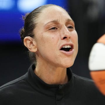 Phoenix Mercury guard Diana Taurasi yells from the bench during action against the Dallas Wings in the second half at Footprint Center in Phoenix on July 10, 2024.