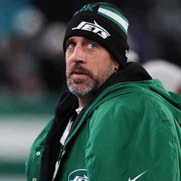 New York Jets quarterback Aaron Rodgers during the third quarter of their game against the Miami Dolphins at MetLife Stadium in East Rutherford, N.J., on Jan. 5, 2025.