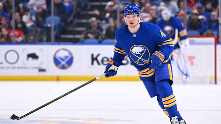 Bowen Byram (4) in a game against the New Jersey Devils earlier this season