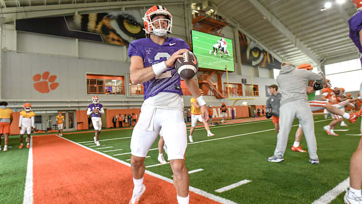 Clemson quarterback Cade Klubnik (2) during Spring Practice in Clemson, S.C. Monday, March 24, 2025.