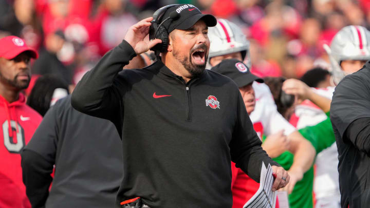 Nov 4, 2023; Piscataway, New Jersey, USA; Ohio State Buckeyes head coach Ryan Day yells from the sideline during the NCAA football game against the Rutgers Scarlet Knights at SHI Stadium. Ohio State won 35-16.