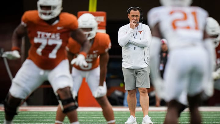 Texas Longhorns Head Coach Steve Sarkisian watches the play in the Longhorns' spring Orange and White game at Darrell K Royal Texas Memorial Stadium in Austin, Texas, April 20, 2024.