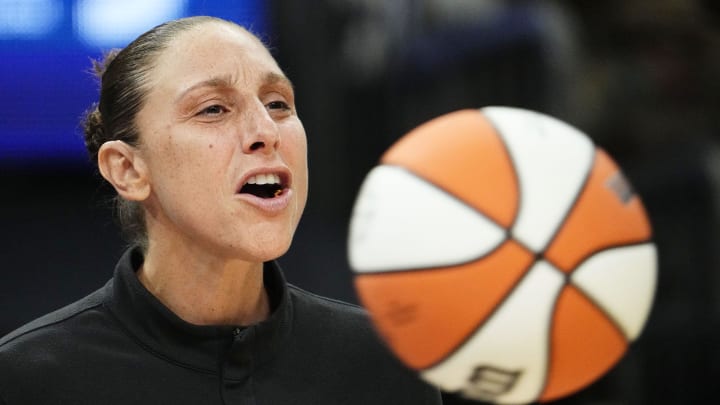 Phoenix Mercury guard Diana Taurasi yells from the bench during action against the Dallas Wings in the second half at Footprint Center in Phoenix on July 10, 2024.