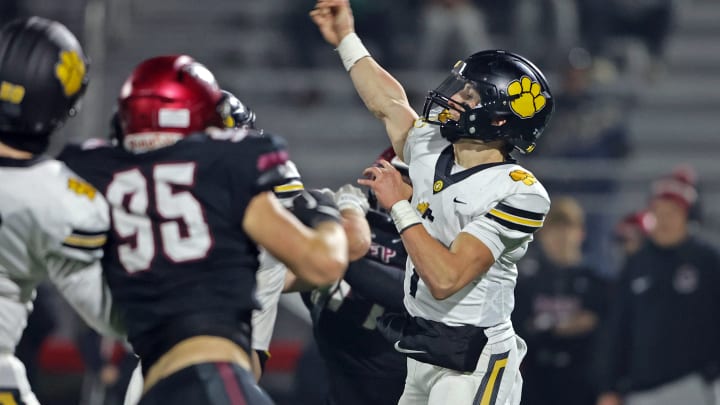 St. Joseph's Prep's Alexander Haskell pressures the quarterback in the 2023 PIAA Class 6A state championship game