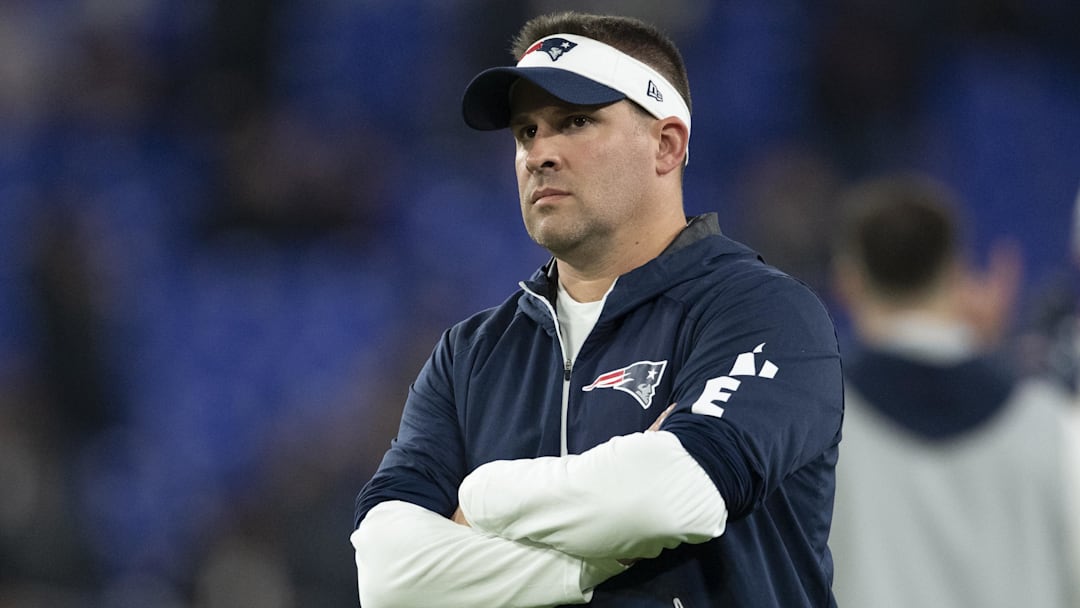 Nov 3, 2019; Baltimore, MD, USA; New England Patriots offensive coordinator Josh McDaniels stands on the field during warms up before the game against the Baltimore Ravens at M&T Bank Stadium. Mandatory Credit: Tommy Gilligan-Imagn Images