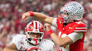 Indiana's Stephen Daley (8) pressures Ohio State's Julian Sayin (10) during the Indiana versus Ohio State Big Ten Championship football game at Lucas Oil Stadium on Saturday, Dec. 6, 2025.