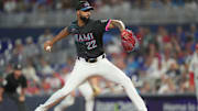Sep 6, 2025; Miami, Florida, USA;  Miami Marlins pitcher Sandy Alcantara (22) pitches in the first inning against the Philadelphia Phillies at loanDepot Park. Mandatory Credit: Jim Rassol-Imagn Images