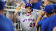 Sep 27, 2025; Miami, Florida, USA; New York Mets first baseman Pete Alonso (20) celebrates his solo home run against the Miami Marlins in the third inning at loanDepot Park. Mandatory Credit: Jim Rassol-Imagn Images