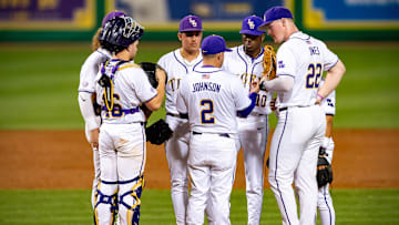 Tigers Herad Coach Jay Johnson talks with his pitcher on the mound as the LSU Tigers take on the Vanderbilt Commodores at Alex Box Stadium in Baton Rouge LA. Friday, April 5, 2024.