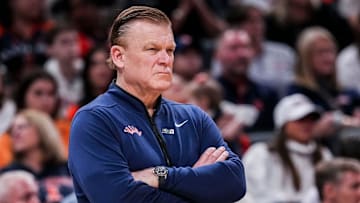 Illinois Fighting Illini head coach Brad Underwood watches the action Friday, March 14, 2025, in a quarterfinals game at the 2025 TIAA Big Ten Men’s Basketball Tournament between the Maryland Terrapins and the Illinois Fighting Illini at Gainbridge Fieldhouse in Indianapolis.