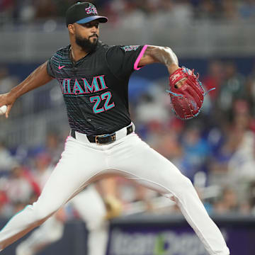 Sep 6, 2025; Miami, Florida, USA;  Miami Marlins pitcher Sandy Alcantara (22) pitches in the first inning against the Philadelphia Phillies at loanDepot Park. Mandatory Credit: Jim Rassol-Imagn Images
