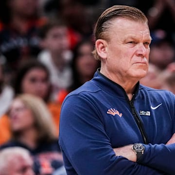 Illinois Fighting Illini head coach Brad Underwood watches the action Friday, March 14, 2025, in a quarterfinals game at the 2025 TIAA Big Ten Men’s Basketball Tournament between the Maryland Terrapins and the Illinois Fighting Illini at Gainbridge Fieldhouse in Indianapolis.