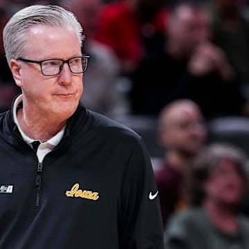 Iowa Hawkeyes head coach Fran McCaffery watches the action Wednesday, March 12, 2025, in a first round game at the 2025 TIAA Big Ten Men’s Basketball Tournament between the Iowa Hawkeyes and the Ohio State Buckeyes at Gainbridge Fieldhouse in Indianapolis.