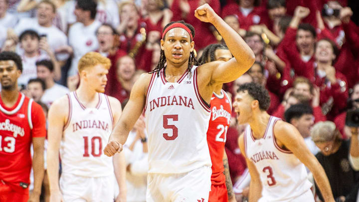Indiana's Malik Reneau (5) celebrates during the Indiana versus Ohio State men's basketball game at Simon Skjodt Assembly Hall on Saturday, March 8, 2025.
