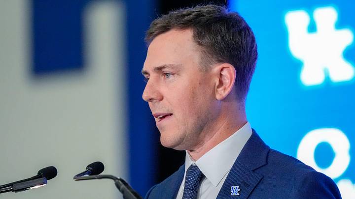 New Kentucky Wildcat head coach Will Stein makes remarks as he is introduced at Kentucky on Wednesday, December 3, 2025