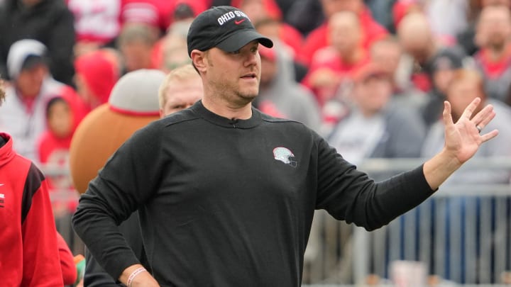 Ohio State Buckeyes offensive line coach Justin Frye yells during the spring football game at Ohio Stadium in Columbus on April 16, 2022.

Ncaa Football Ohio State Spring Game