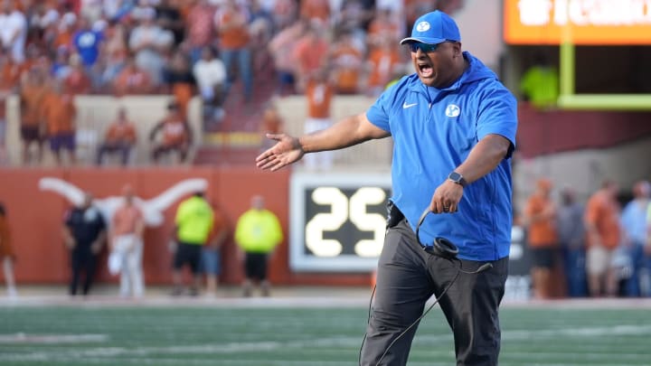 BYU Cougars head coach Kalani Sitake celebrates after the Cougars stopped the Texas Longhorns in the red zone in the fourth quarter at Royal-Memorial Stadium on Saturday October 28, 2023.