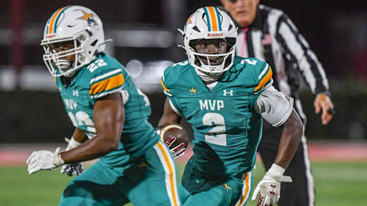 Mountain View Preparatory junior Jaylen McGill (2) runs against Woodruff High during the first quarter at Newberry College Bailey Memorial Stadium in Newberry, S.C. Friday, October 18, 2024.