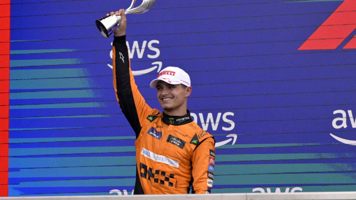 Jun 9, 2024; Montreal, Quebec, CAN;  McLaren driver Lando Norris (GBR) reacts after getting second place in the Canadian Grand Prix at Circuit Gilles Villeneuve. Mandatory Credit: Eric Bolte-USA TODAY Sports