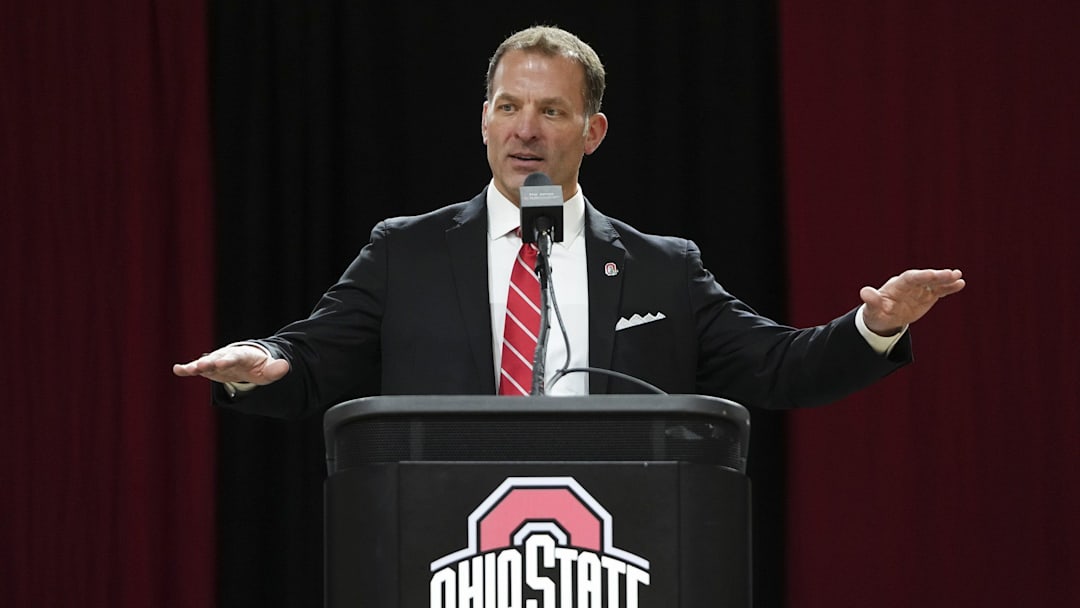 Jan 17, 2024; Columbus, OH, USA; Ross Bjork speaks during an introductory press conference for Ohio State University’s new athletic director at the Covelli Center.