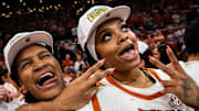 Texas Longhorns forwards Madison Booker (35) and Aaliyah Moore (23) regular season SEC Championship after beating Florida at home in the Moody Center, March 2, 2025.