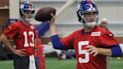 East Rutherford , NJ — May 10, 2024 -- Quarterbacks, Blake Stenstrom and Ben Bryant as the NY Giants hold their Rookie Camp and introduce their new draft picks.