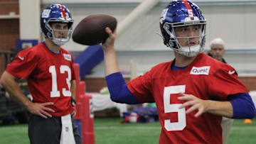 East Rutherford , NJ — May 10, 2024 -- Quarterbacks, Blake Stenstrom and Ben Bryant as the NY Giants hold their Rookie Camp and introduce their new draft picks.