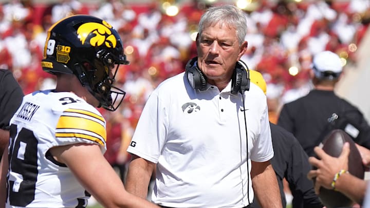 Iowa Hawkeyes head coach Kirk Ferentz talks to player during the first quarter against Iowa State in the Cy-Hawk Series at Jack Trice Stadium on Sept. 6, 2025, in Ames, Iowa Iowa Hawkeyes head coach Kirk Ferentz talks to player during the first quarter against Iowa State in the Cy-Hawk Series at Jack Trice Stadium on Sept. 6, 2025, in Ames, Iowa