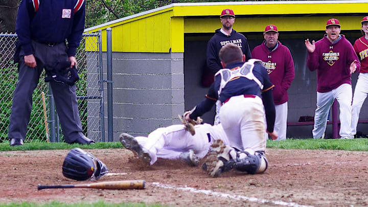 Leo Lyons of Archbishop Williams come in fast and hard to the plate but Cardinal Spellman catcher Steve Nardelli was up to the task, getting the tag in time to put the brakes on yet another Archbishop Williams scoring threat on Thursday, May 4, 2023.
