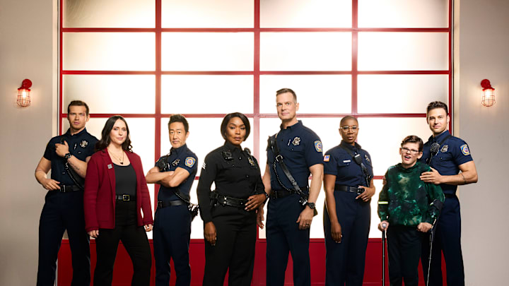 9-1-1 - ABC's 9-1-1 stars Oliver Stark as Evan "Buck" Buckley, Jennifer Love Hewitt as Maddie Kendall, Kenneth Choi as Howie "Chimney" Han, Angela Bassett as Athena Grant, Peter Krause as Bobby Nash, Aisha Hinds as Henrietta "Hen" Wilson, Gavin McHugh as Christopher Diaz, and Ryan Guzman as Eddie Diaz. (Disney/Justin Stephens)