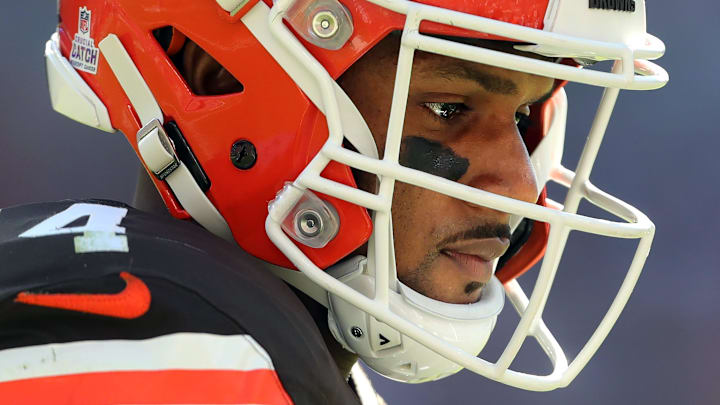 Cleveland Browns quarterback Deshaun Watson heads to the sideline during the first half against the Cincinnati Bengals on Sunday, Oct. 20, 2024, in Cleveland, Ohio.