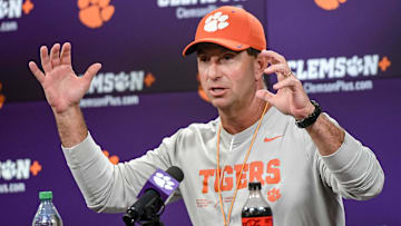 Clemson football head coach Dabo Swinney talks with media before the first football practice at the Allen N. Reeves Football Complex at Clemson University in Clemson, S.C. Friday, February 28, 2025.