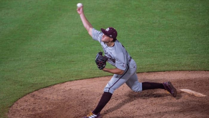 Texas A&M pitcher Chris Cortez (10) pitches during the SEC baseball tournament at the Hoover
