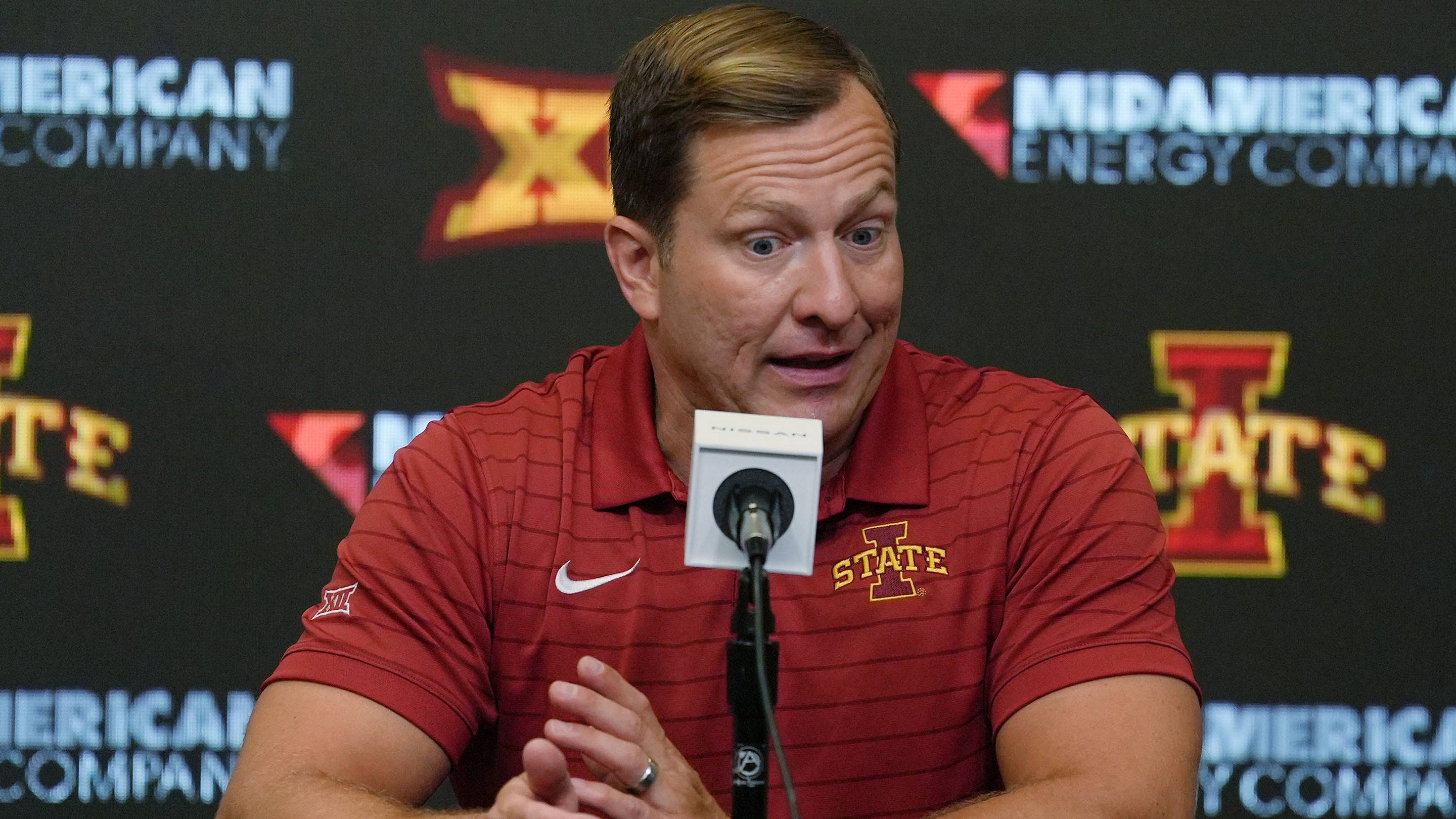 Iowa State Cyclones men's basketball head coach T.J. Otzelberger talks during the university men’s basketball media day at Hilton Coliseum on October. 8, 2025, in Ames, Iowa. | USA TODAY Network via Reuters Connect
