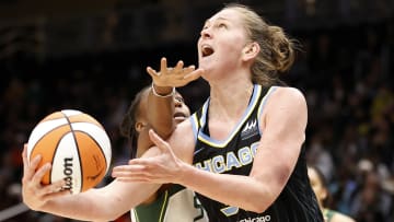 Chicago Sky center Emma Meesseman drives to the basket against the Seattle Storm. A win tonight gives Chicago a home game for the Commissioner's Cup.