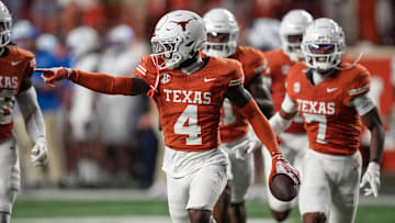 Texas Longhorns defensive back Andrew Mukuba celebrates an interception this season. The Longhorns will face Texas A&M in the resumption of their rivalry this week.
