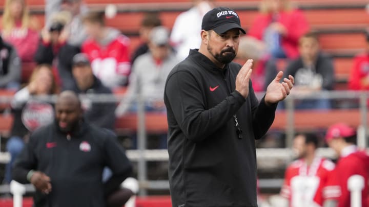 Nov 4, 2023; Piscataway, New Jersey, USA; Ohio State Buckeyes head coach Ryan Day watches warm-ups prior to the NCAA football game against the Rutgers Scarlet Knights at SHI Stadium. Ohio State won 35-16.