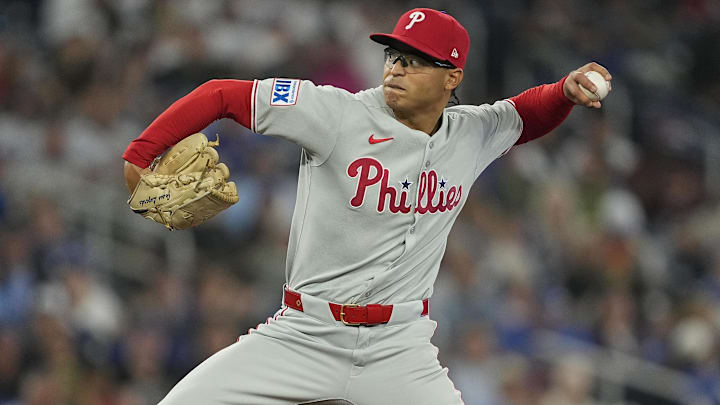 Jun 5, 2025; Toronto, Ontario, CAN; Philadelphia Phillies starting pitcher Jesus Luzardo (44) pitches to the Toronto Blue Jays during the third inning at Rogers Centre. Jun 5, 2025; Toronto, Ontario, CAN; Philadelphia Phillies starting pitcher Jesus Luzardo (44) pitches to the Toronto Blue Jays during the third inning at Rogers Centre.