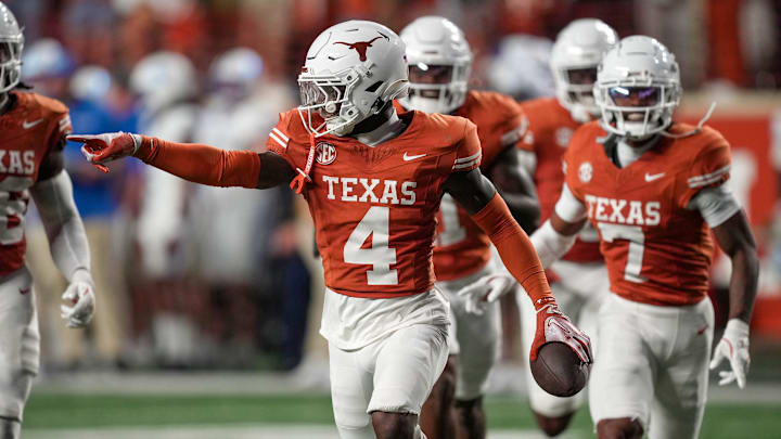 Texas Longhorns defensive back Andrew Mukuba celebrates an interception this season. The Longhorns will face Texas A&M in the resumption of their rivalry this week.