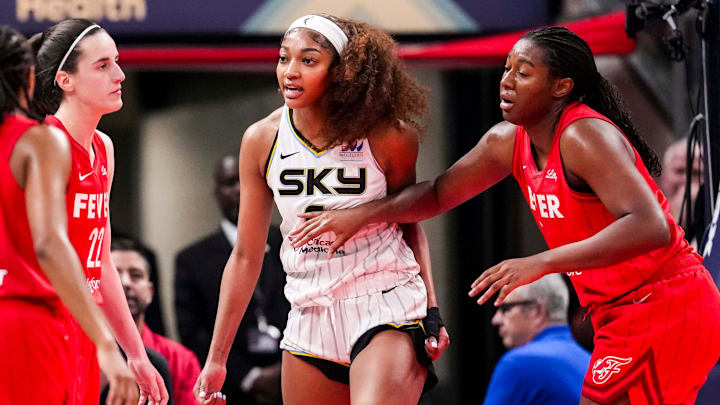 Chicago Sky forward Angel Reese (5) reacts to a flagrant foul from Indiana Fever guard Caitlin Clark (22) on Saturday, May 17, 2025, during a game between the Indiana Fever and the Chicago Sky at Gainbridge Fieldhouse in Indianapolis. The Indiana Fever defeated the Chicago Sky, 93-58.