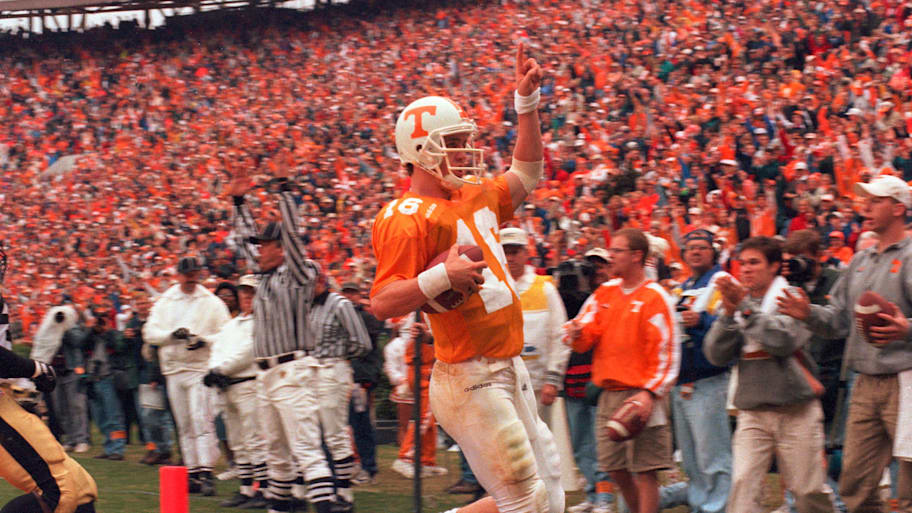 Peyton Manning celebrates the game-winning touchdown for Tennessee against Vanderbilt.
