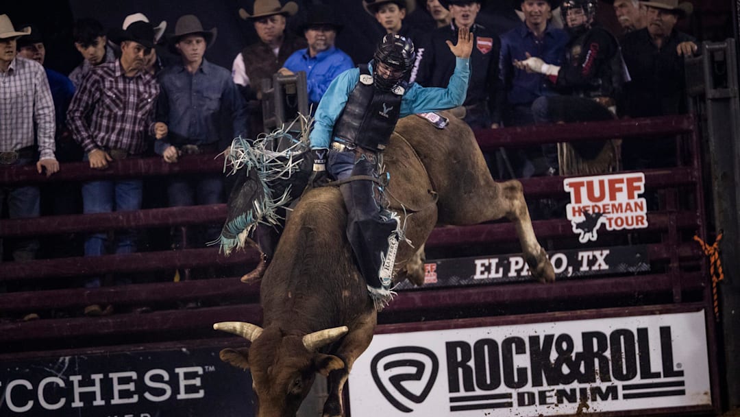 Wacey Schalla rides during in the Tuff Hedeman Tour bull riding competition in El Paso, Texas at the El Paso County Coliseum on Feb. 4, 2023.
Tuff Hedeman0159 Wacey Schalla rides during in the Tuff Hedeman Tour bull riding competition in El Paso, Texas at the El Paso County Coliseum on Feb. 4, 2023.
Tuff Hedeman0159
