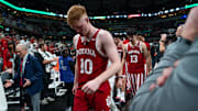 Indiana's Luke Goode (10) walks off the court after a 72-59 loss to Oregon in the Big Ten Tournament at Gainbridge Fieldhouse.