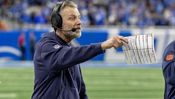 Nov 28, 2024; Detroit, Michigan, USA; Chicago Bears head coach Matt Eberflus on the sidelines during the second half against the Detroit Lions at Ford Field. Mandatory Credit: David Reginek-Imagn Images