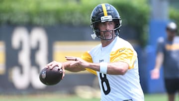Jun 10, 2025; Pittsburgh, PA, USA;  Pittsburgh Steelers quarterback Aaron Rogers (8) drops back to pass during minicamp at their South Side facility. Mandatory Credit: Philip G. Pavely-Imagn Images
