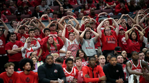 Ohio State fans add support during a foul shot during their NCAA Division I Mens basketball game at Value City Arena.