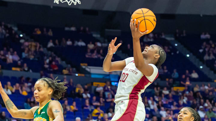 Ta’Niya Latson 00, George Mason takes on Florida State in the NCAA Womens Basketball Tournament in Baton Rouge, LA. Feb 25, 2025