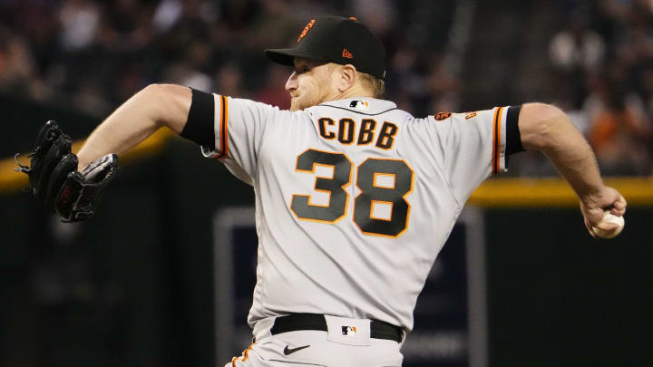 Sep 19, 2023; Phoenix, AZ, USA; San Francisco Giants starting pitcher Alex Cobb (38) throws to the Arizona Diamondbacks in the first inning at Chase Field.